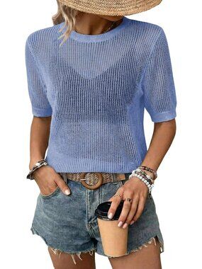 Women Blue Summer Short Hollow Out Floral Sweaters Beach Vacation Cruise Tops